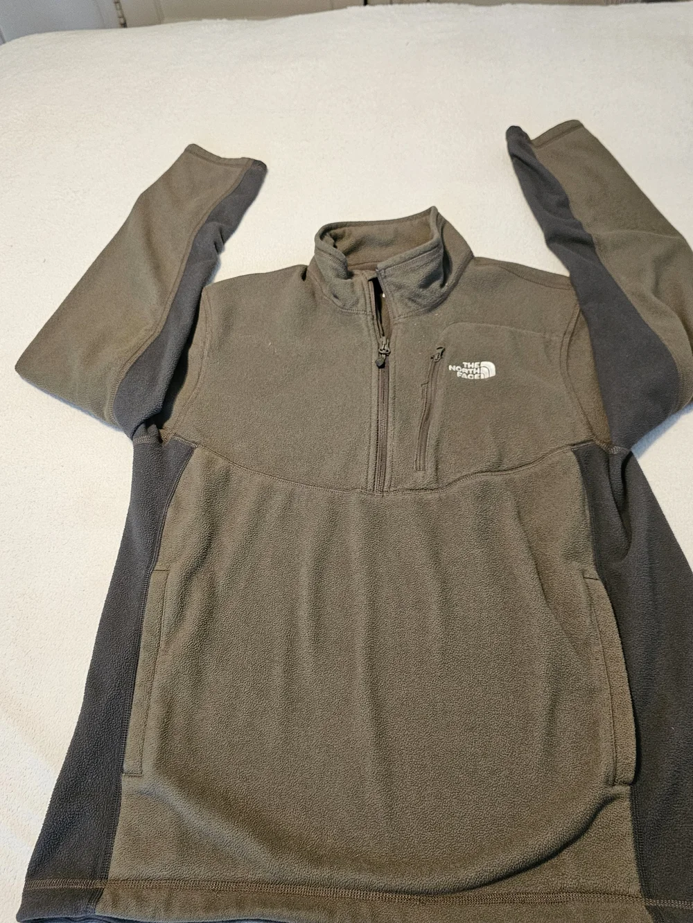 The North Face Mens Medium 1/4 Zip Brown Khaki Fleece Pullover Pockets Logo Euc